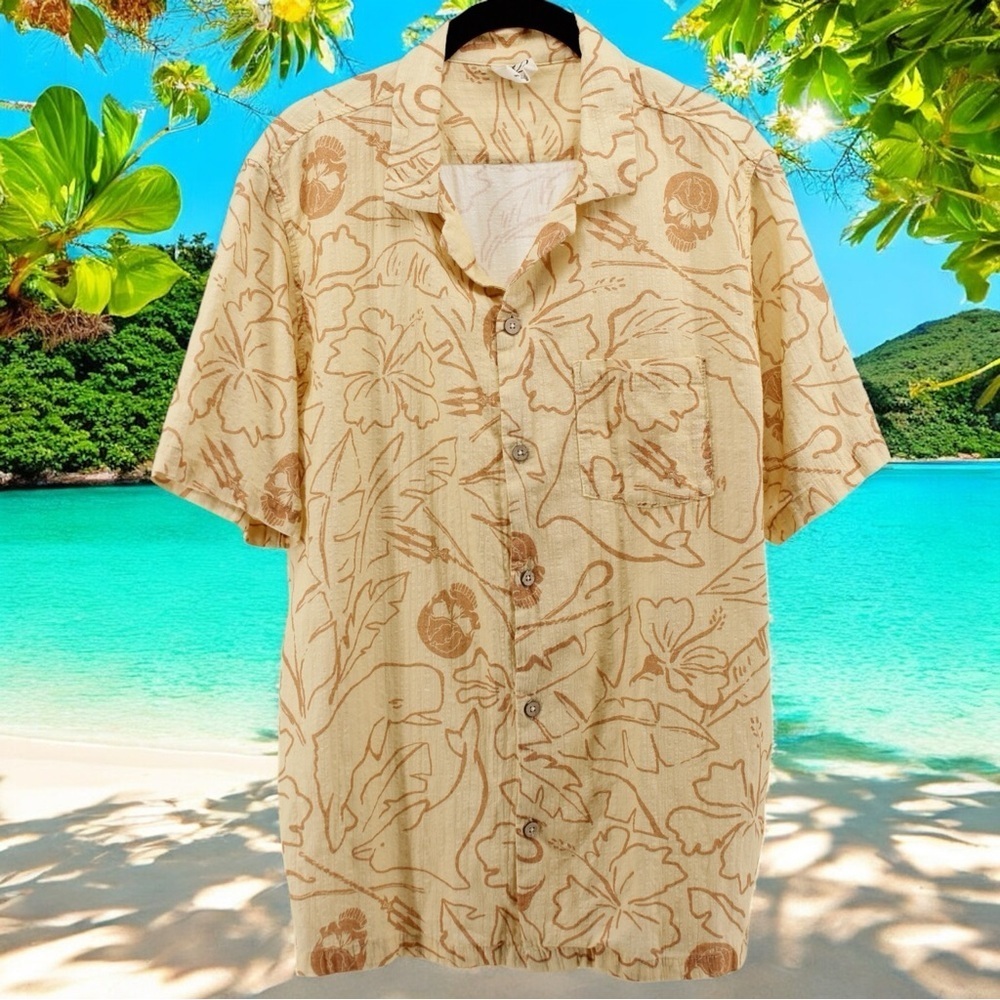 Sea Shepherd Butter Yellow Hawaiian Skull Camp Shirt Vacation Beach Button‎ up M